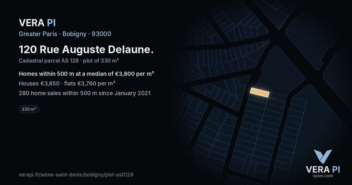 120 Rue Auguste Delaune, Bobigny at night – the plot lit, the parcels around coloured by the prices near them