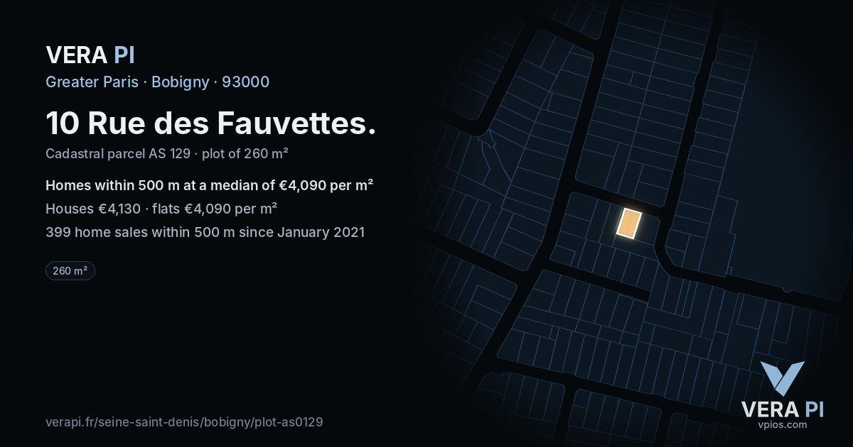 10 Rue des Fauvettes, Bobigny at night – the plot lit, the parcels around coloured by the prices near them