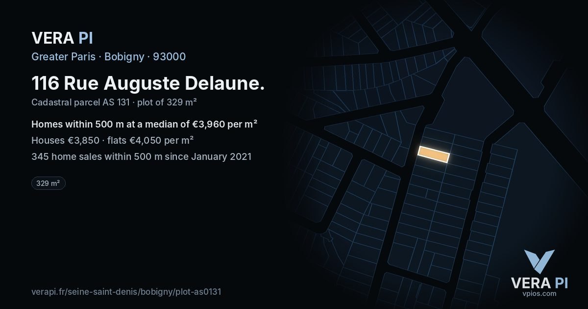 116 Rue Auguste Delaune, Bobigny at night – the plot lit, the parcels around coloured by the prices near them
