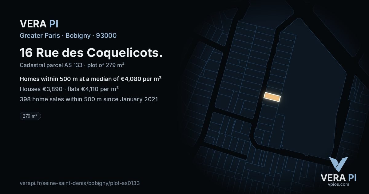 16 Rue des Coquelicots, Bobigny at night – the plot lit, the parcels around coloured by the prices near them