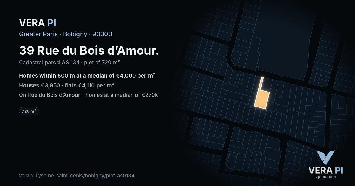 39 Rue du Bois d’Amour, Bobigny at night – the plot lit, the parcels around coloured by the prices near them