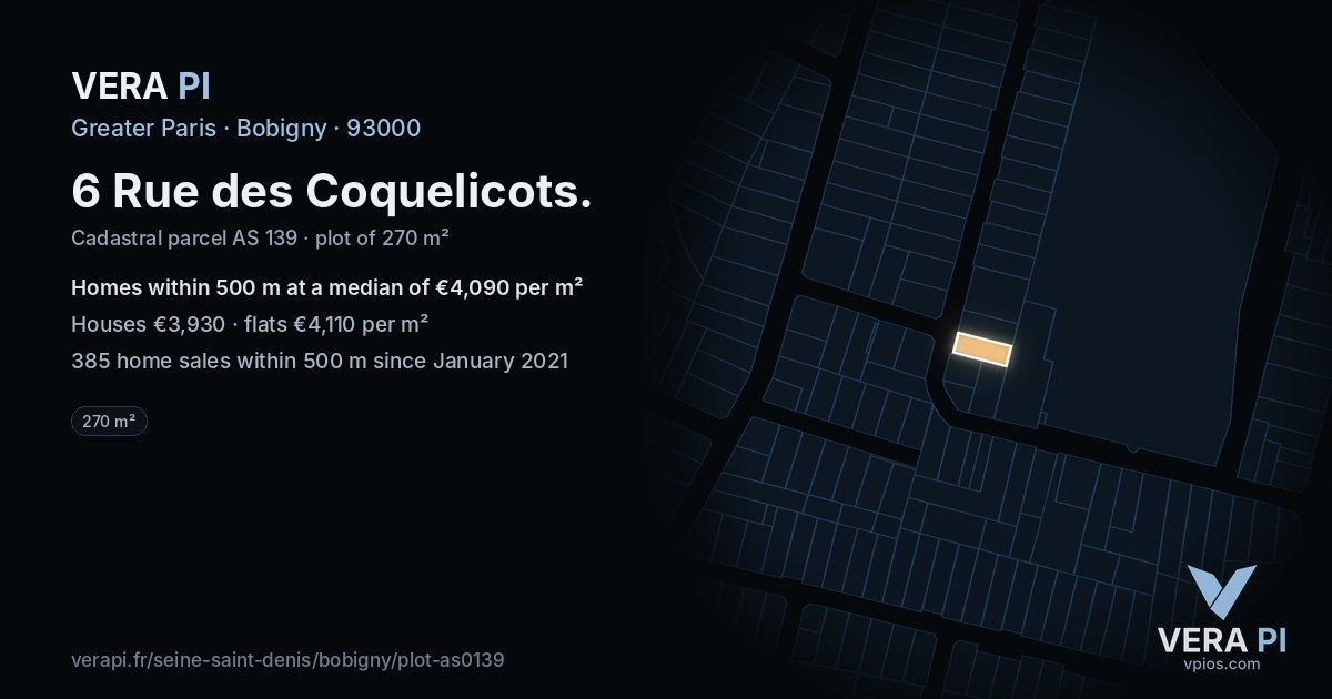 6 Rue des Coquelicots, Bobigny at night – the plot lit, the parcels around coloured by the prices near them