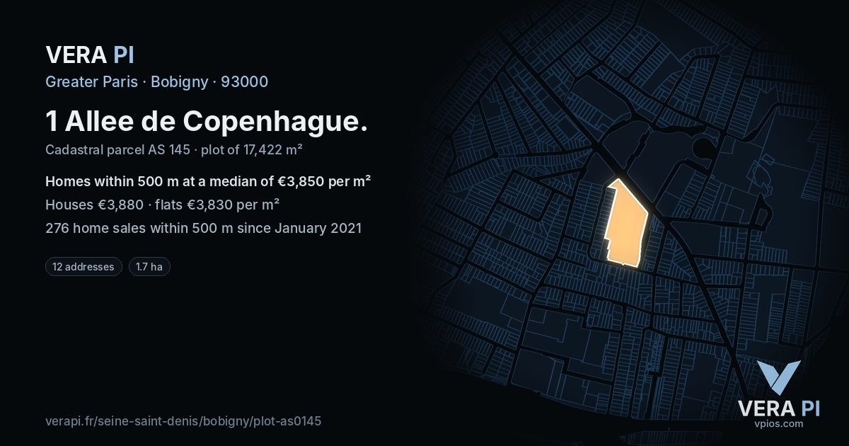 1 Allee de Copenhague, Bobigny at night – the plot lit, the parcels around coloured by the prices near them