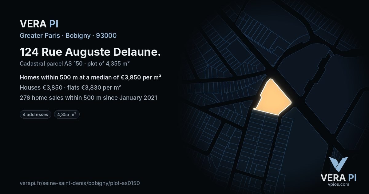 124 Rue Auguste Delaune, Bobigny at night – the plot lit, the parcels around coloured by the prices near them