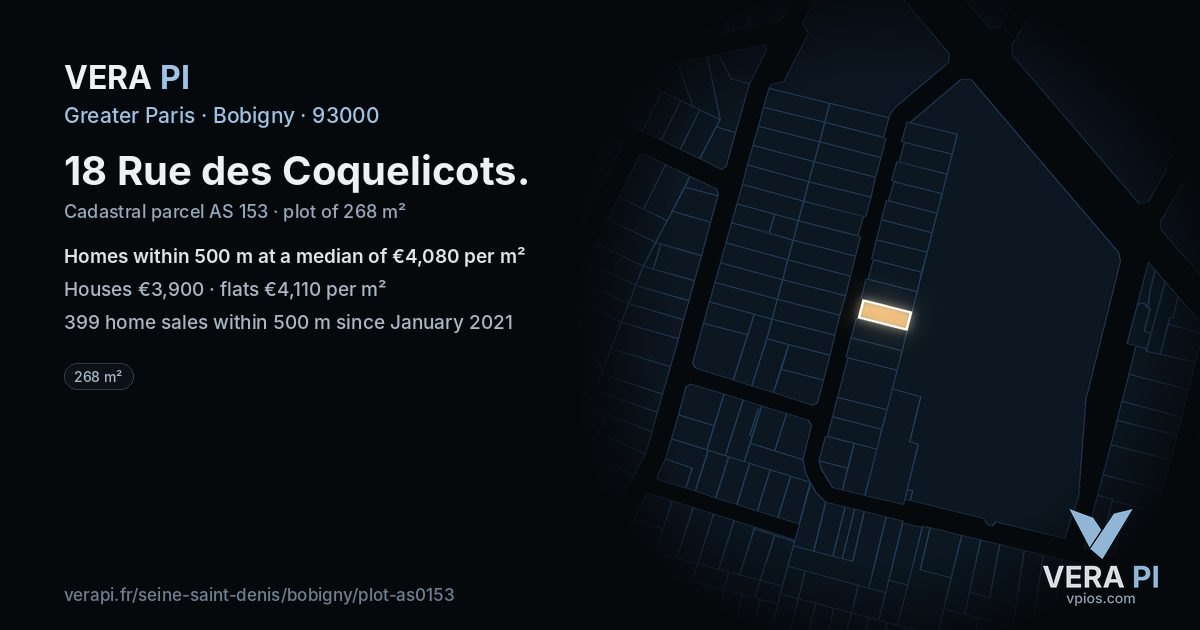 18 Rue des Coquelicots, Bobigny at night – the plot lit, the parcels around coloured by the prices near them