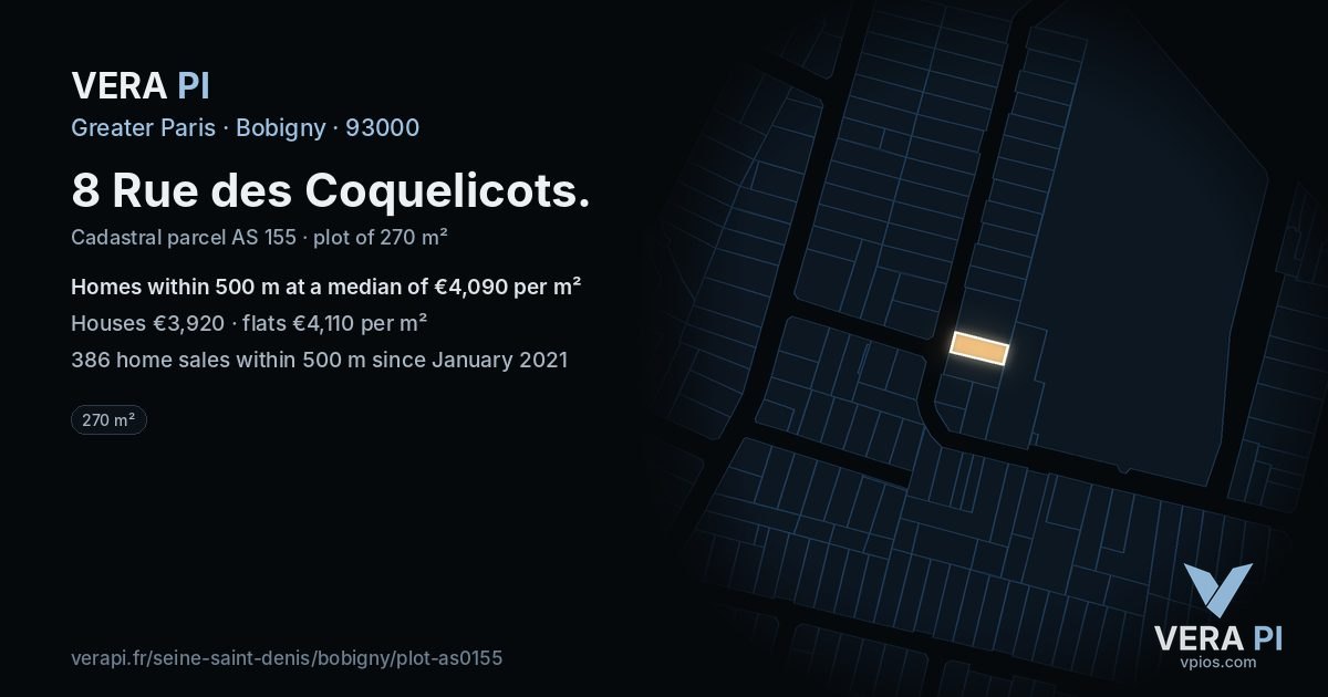 8 Rue des Coquelicots, Bobigny at night – the plot lit, the parcels around coloured by the prices near them