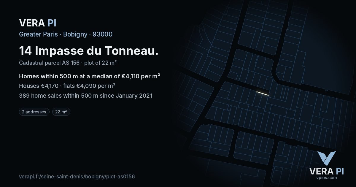 14 Impasse du Tonneau, Bobigny at night – the plot lit, the parcels around coloured by the prices near them