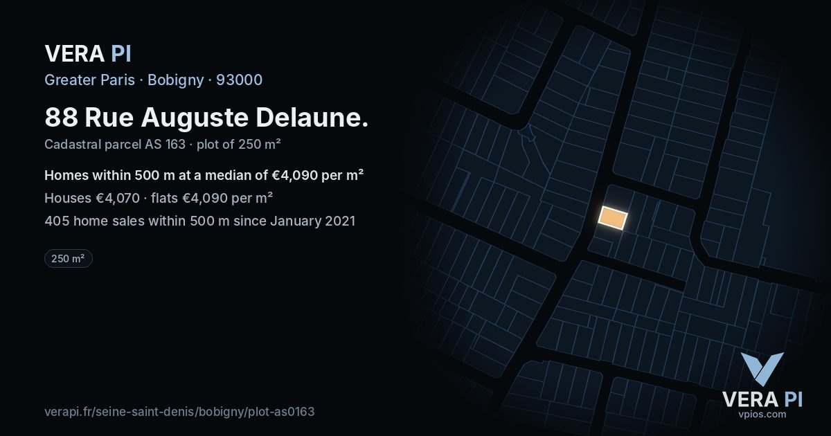 88 Rue Auguste Delaune, Bobigny at night – the plot lit, the parcels around coloured by the prices near them