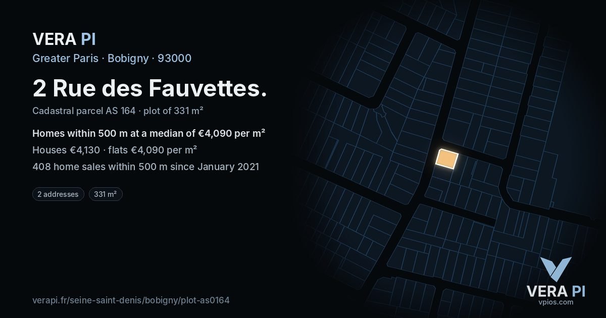 2 Rue des Fauvettes, Bobigny at night – the plot lit, the parcels around coloured by the prices near them