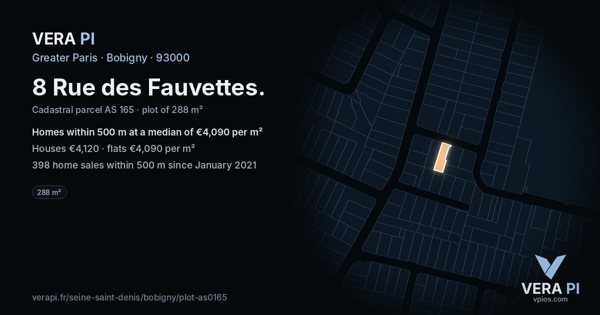 8 Rue des Fauvettes, Bobigny at night – the plot lit, the parcels around coloured by the prices near them