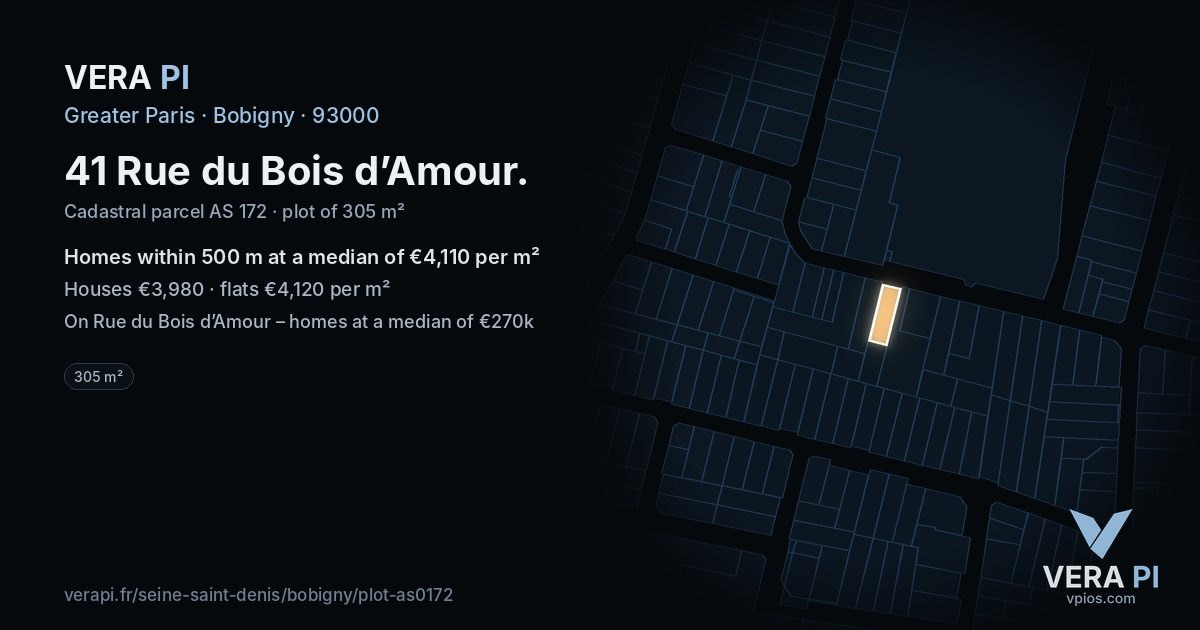 41 Rue du Bois d’Amour, Bobigny at night – the plot lit, the parcels around coloured by the prices near them