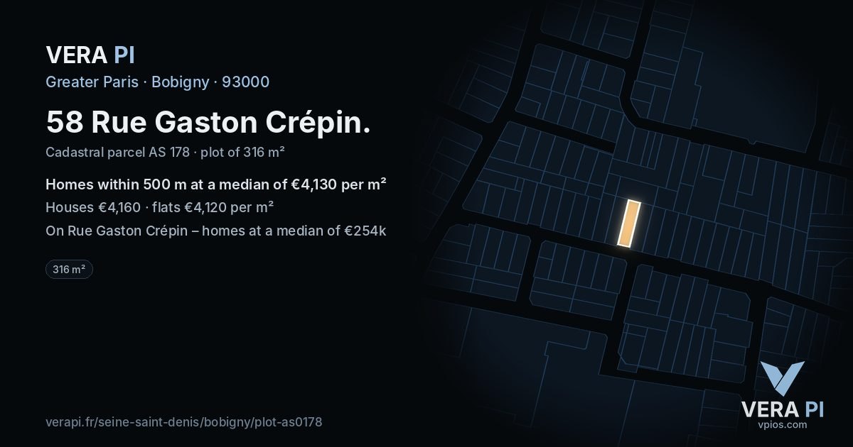 58 Rue Gaston Crépin, Bobigny at night – the plot lit, the parcels around coloured by the prices near them