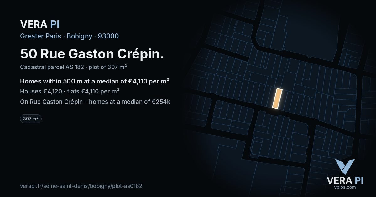 50 Rue Gaston Crépin, Bobigny at night – the plot lit, the parcels around coloured by the prices near them