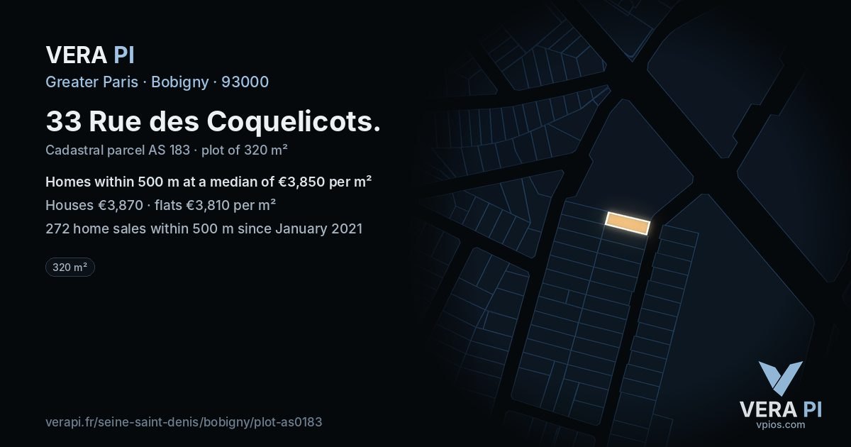 33 Rue des Coquelicots, Bobigny at night – the plot lit, the parcels around coloured by the prices near them