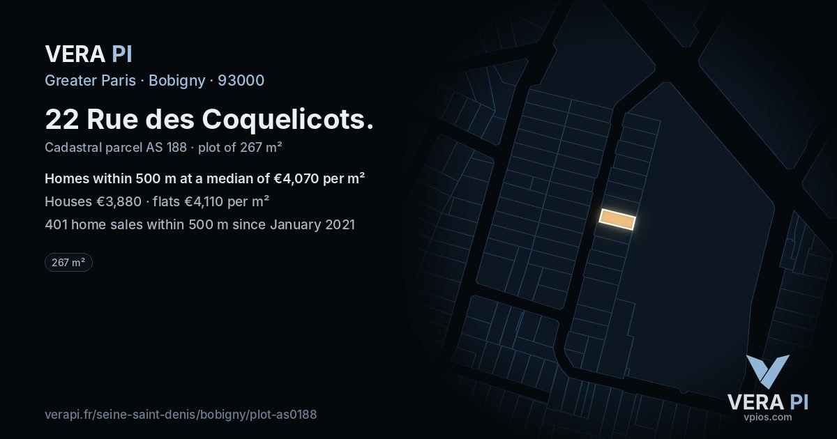 22 Rue des Coquelicots, Bobigny at night – the plot lit, the parcels around coloured by the prices near them