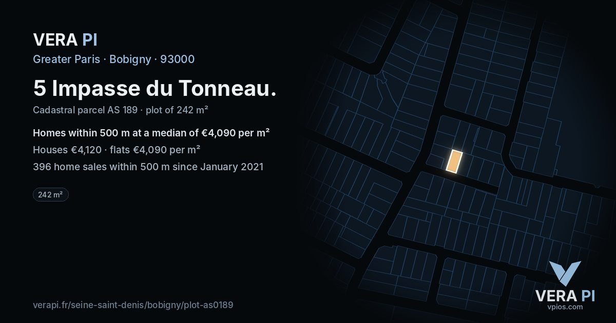 5 Impasse du Tonneau, Bobigny at night – the plot lit, the parcels around coloured by the prices near them