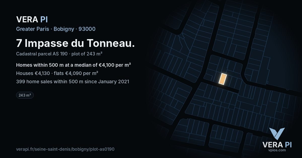 7 Impasse du Tonneau, Bobigny at night – the plot lit, the parcels around coloured by the prices near them