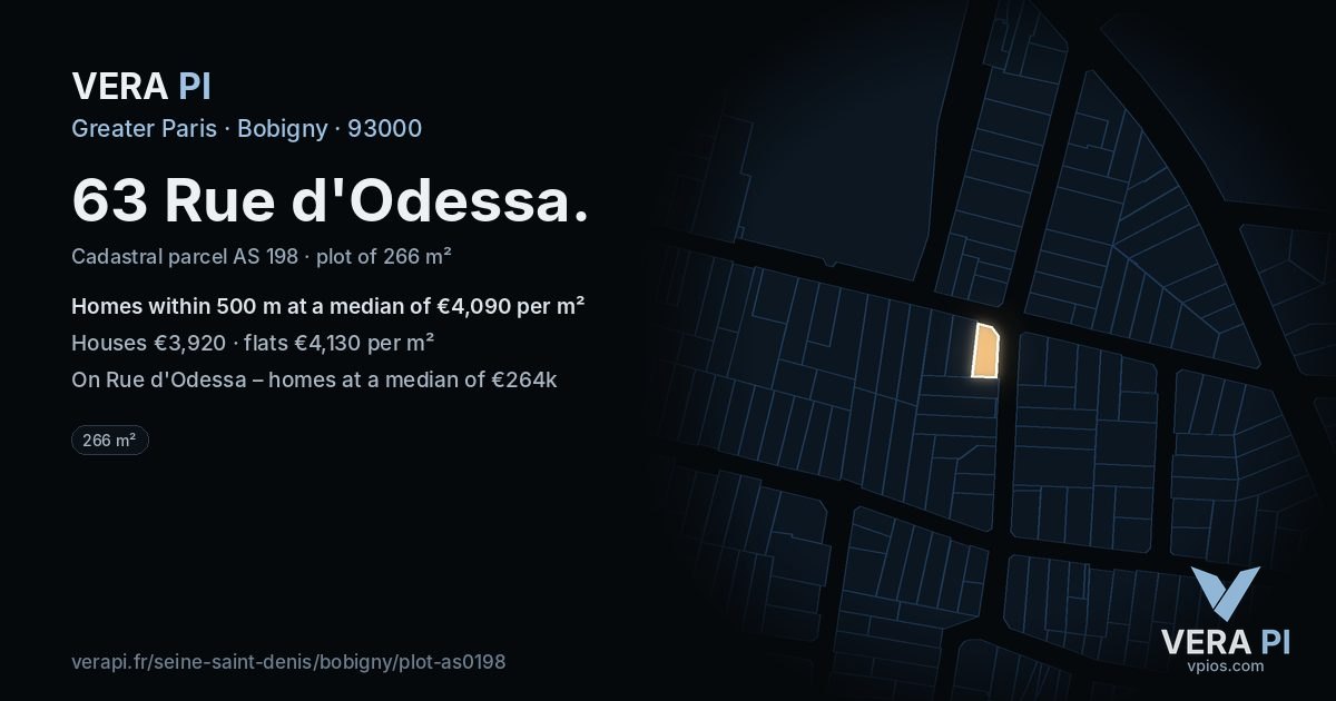 63 Rue d'Odessa, Bobigny at night – the plot lit, the parcels around coloured by the prices near them