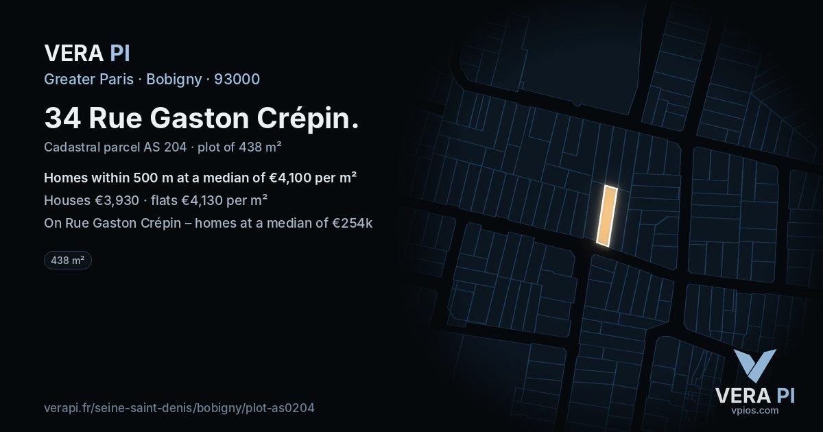 34 Rue Gaston Crépin, Bobigny at night – the plot lit, the parcels around coloured by the prices near them