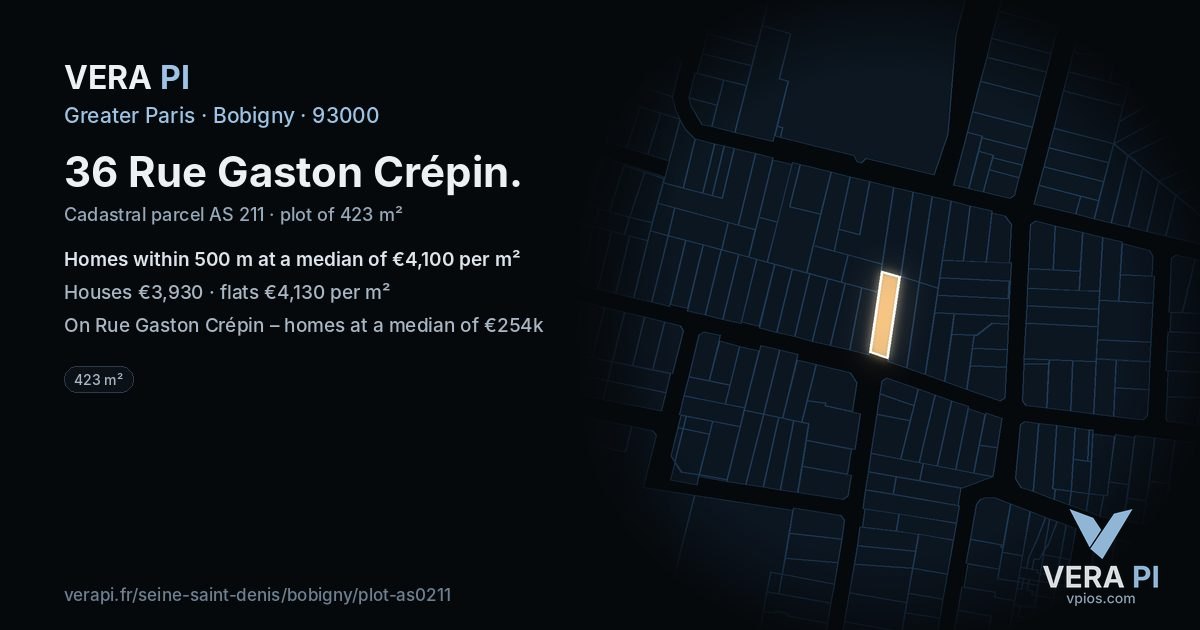 36 Rue Gaston Crépin, Bobigny at night – the plot lit, the parcels around coloured by the prices near them