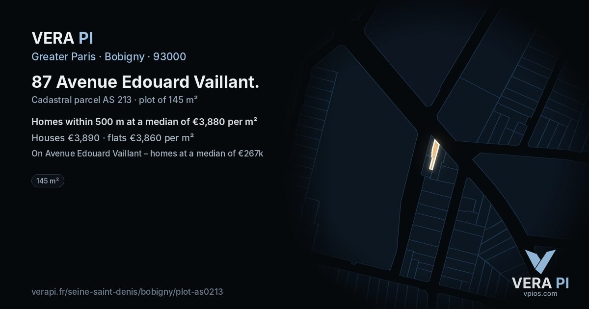 87 Avenue Edouard Vaillant, Bobigny at night – the plot lit, the parcels around coloured by the prices near them