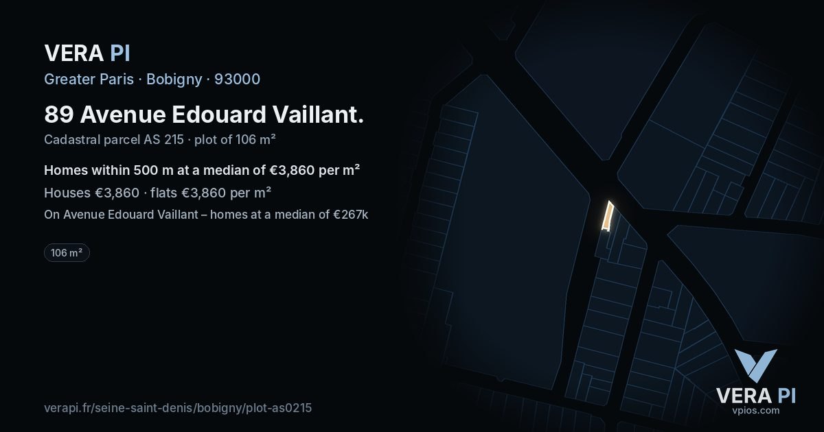 89 Avenue Edouard Vaillant, Bobigny at night – the plot lit, the parcels around coloured by the prices near them
