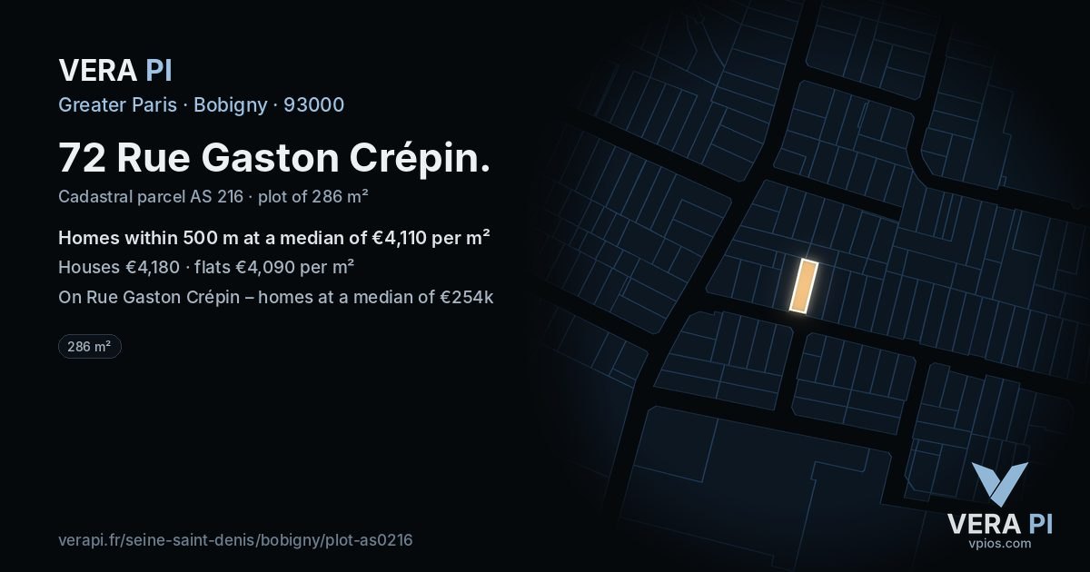 72 Rue Gaston Crépin, Bobigny at night – the plot lit, the parcels around coloured by the prices near them