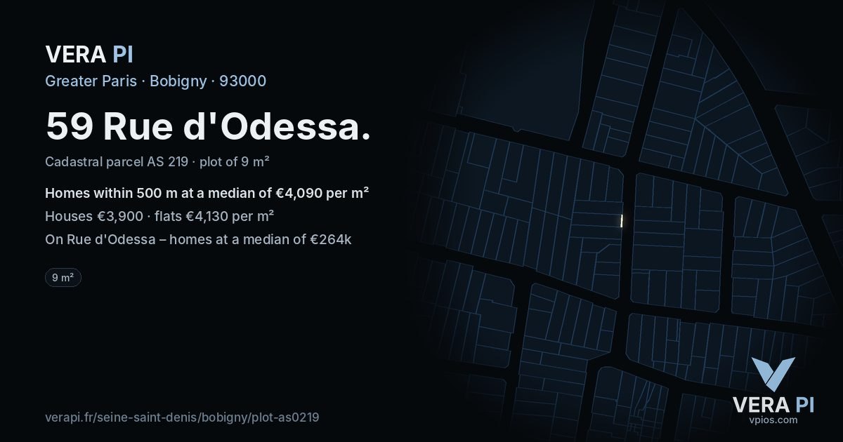 59 Rue d'Odessa, Bobigny at night – the plot lit, the parcels around coloured by the prices near them