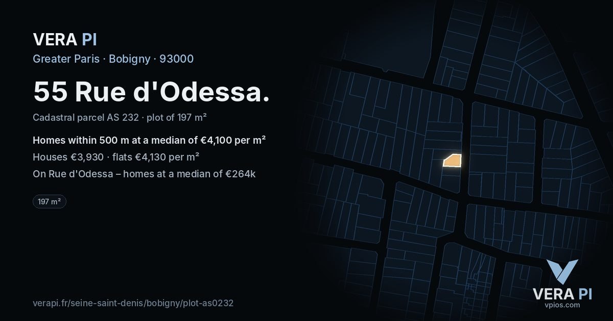 55 Rue d'Odessa, Bobigny at night – the plot lit, the parcels around coloured by the prices near them