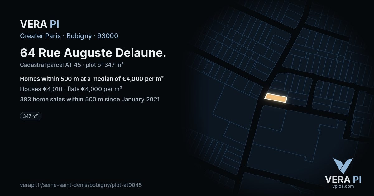 64 Rue Auguste Delaune, Bobigny at night – the plot lit, the parcels around coloured by the prices near them