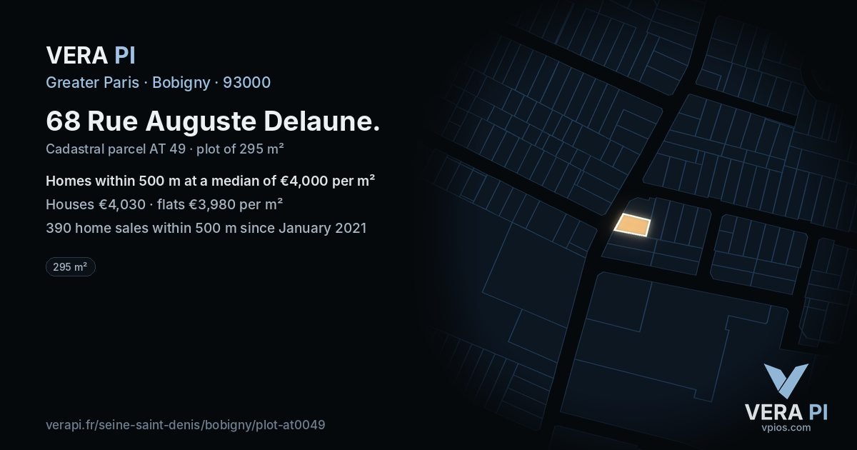 68 Rue Auguste Delaune, Bobigny at night – the plot lit, the parcels around coloured by the prices near them