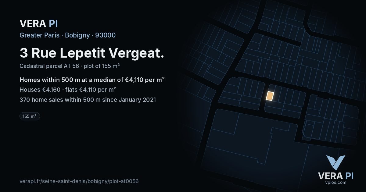 3 Rue Lepetit Vergeat, Bobigny at night – the plot lit, the parcels around coloured by the prices near them