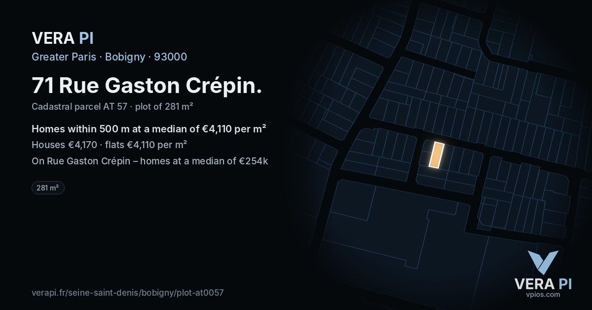71 Rue Gaston Crépin, Bobigny at night – the plot lit, the parcels around coloured by the prices near them