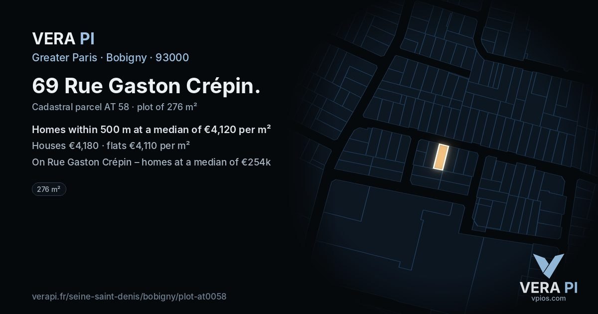 69 Rue Gaston Crépin, Bobigny at night – the plot lit, the parcels around coloured by the prices near them
