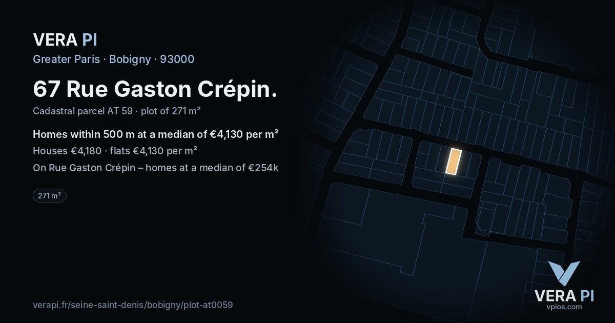 67 Rue Gaston Crépin, Bobigny at night – the plot lit, the parcels around coloured by the prices near them