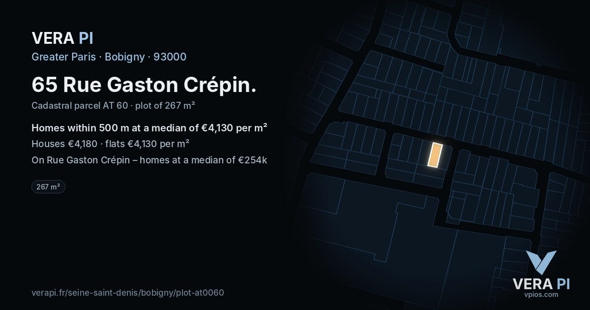 65 Rue Gaston Crépin, Bobigny at night – the plot lit, the parcels around coloured by the prices near them
