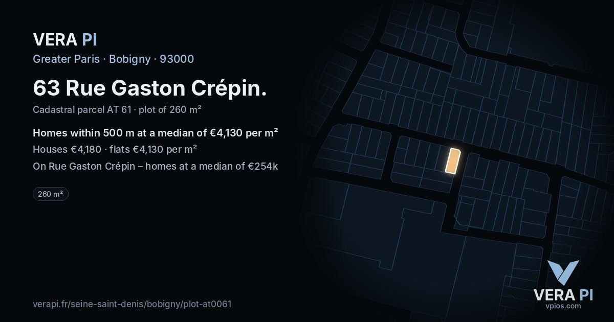 63 Rue Gaston Crépin, Bobigny at night – the plot lit, the parcels around coloured by the prices near them