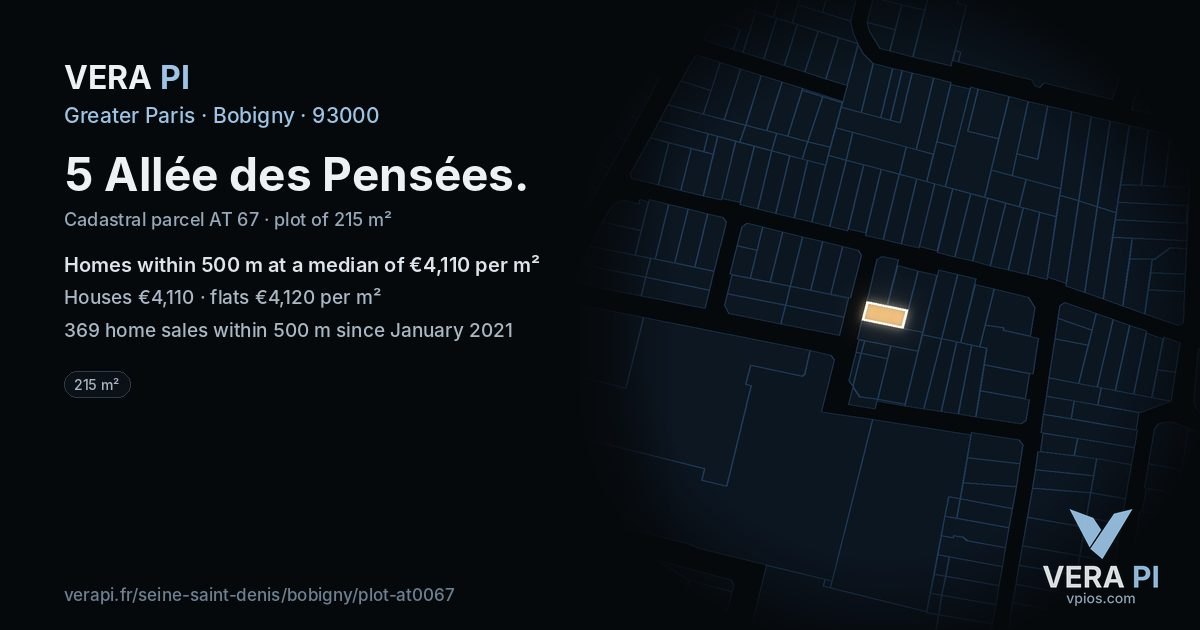 5 Allée des Pensées, Bobigny at night – the plot lit, the parcels around coloured by the prices near them