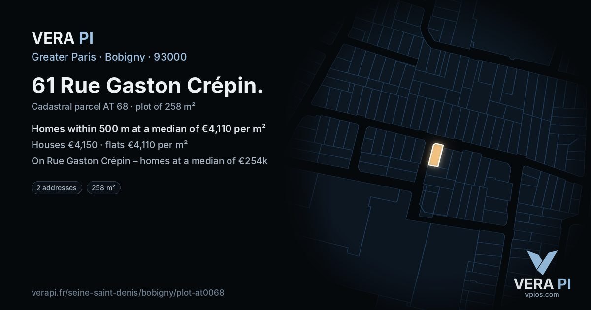 61 Rue Gaston Crépin, Bobigny at night – the plot lit, the parcels around coloured by the prices near them