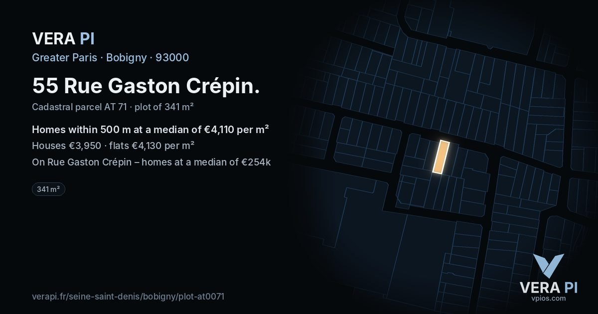 55 Rue Gaston Crépin, Bobigny at night – the plot lit, the parcels around coloured by the prices near them