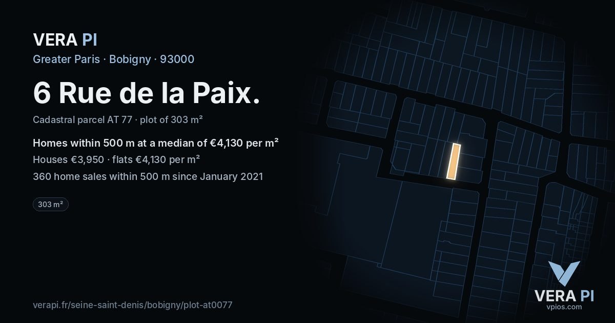 6 Rue de la Paix, Bobigny at night – the plot lit, the parcels around coloured by the prices near them