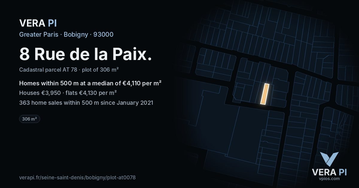 8 Rue de la Paix, Bobigny at night – the plot lit, the parcels around coloured by the prices near them