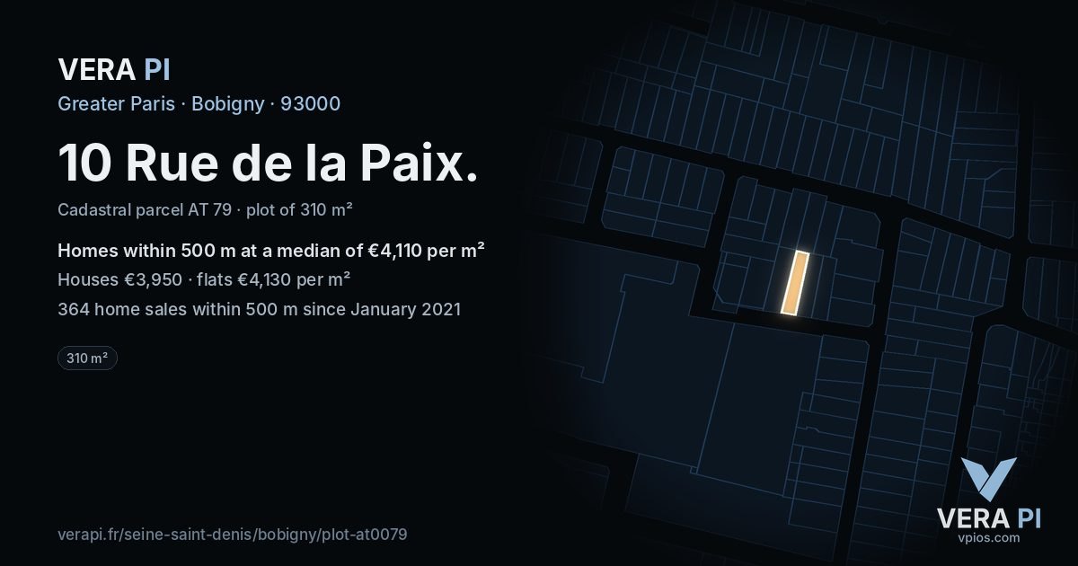 10 Rue de la Paix, Bobigny at night – the plot lit, the parcels around coloured by the prices near them