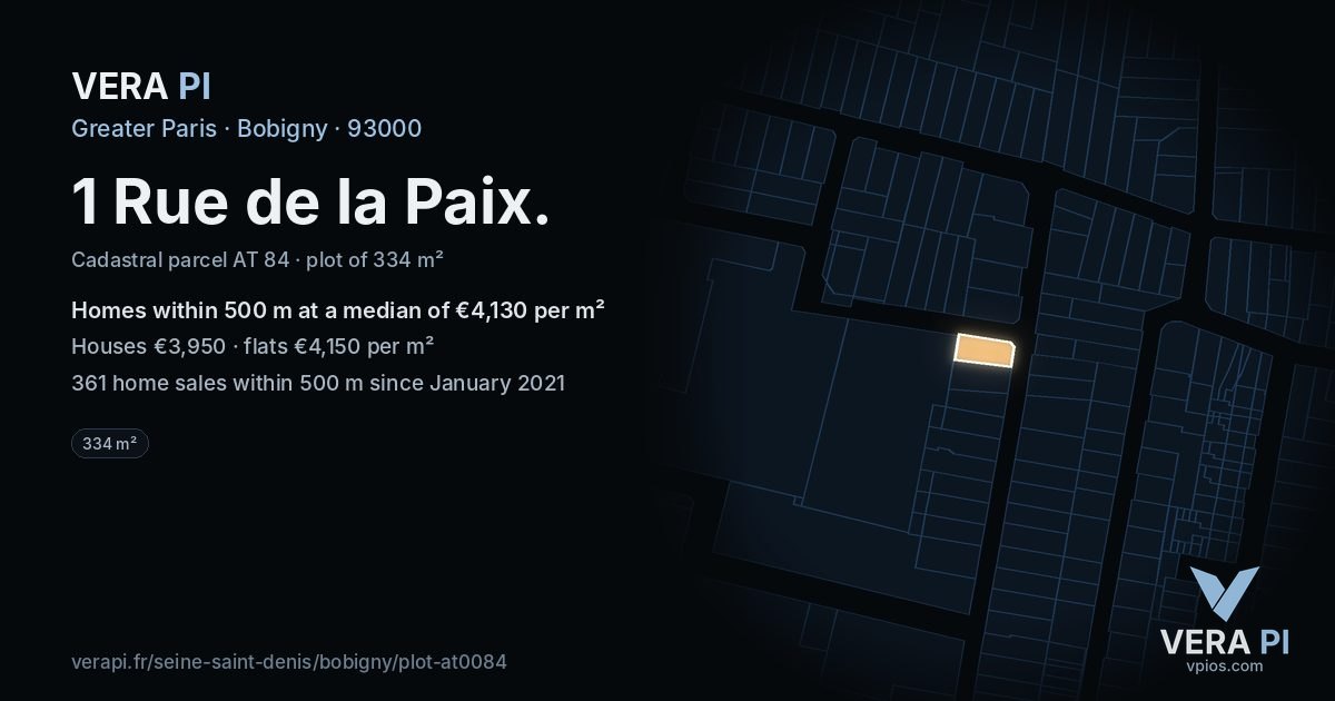 1 Rue de la Paix, Bobigny at night – the plot lit, the parcels around coloured by the prices near them