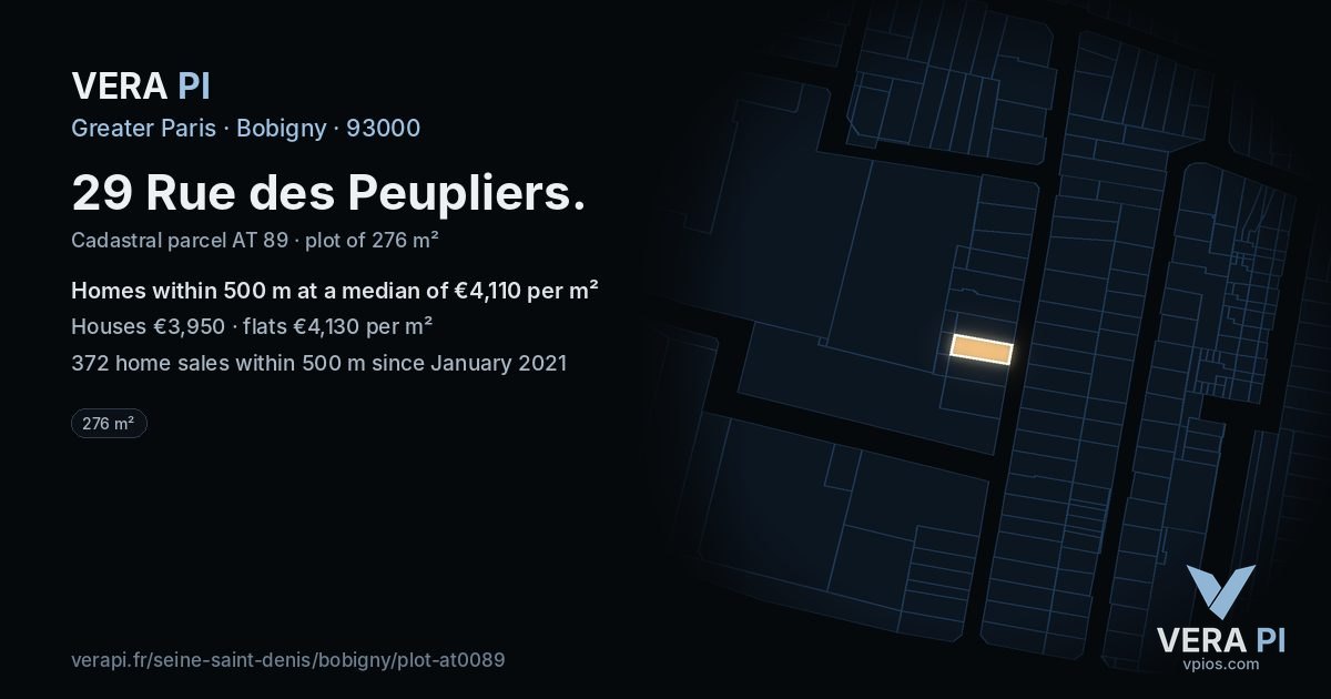 29 Rue des Peupliers, Bobigny at night – the plot lit, the parcels around coloured by the prices near them
