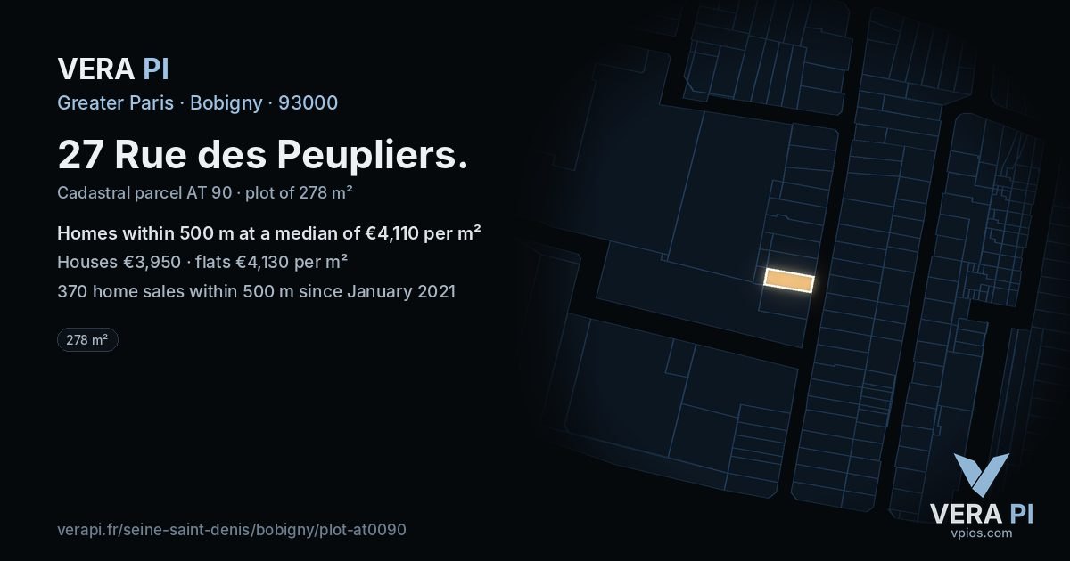 27 Rue des Peupliers, Bobigny at night – the plot lit, the parcels around coloured by the prices near them