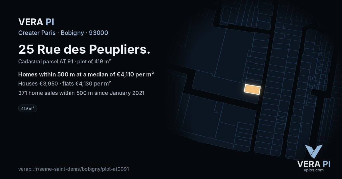 25 Rue des Peupliers, Bobigny at night – the plot lit, the parcels around coloured by the prices near them
