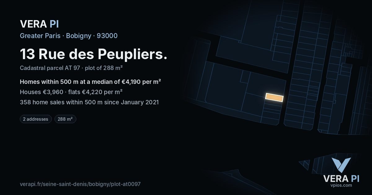 13 Rue des Peupliers, Bobigny at night – the plot lit, the parcels around coloured by the prices near them