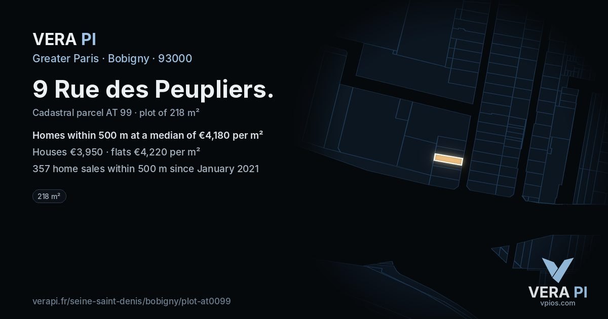 9 Rue des Peupliers, Bobigny at night – the plot lit, the parcels around coloured by the prices near them