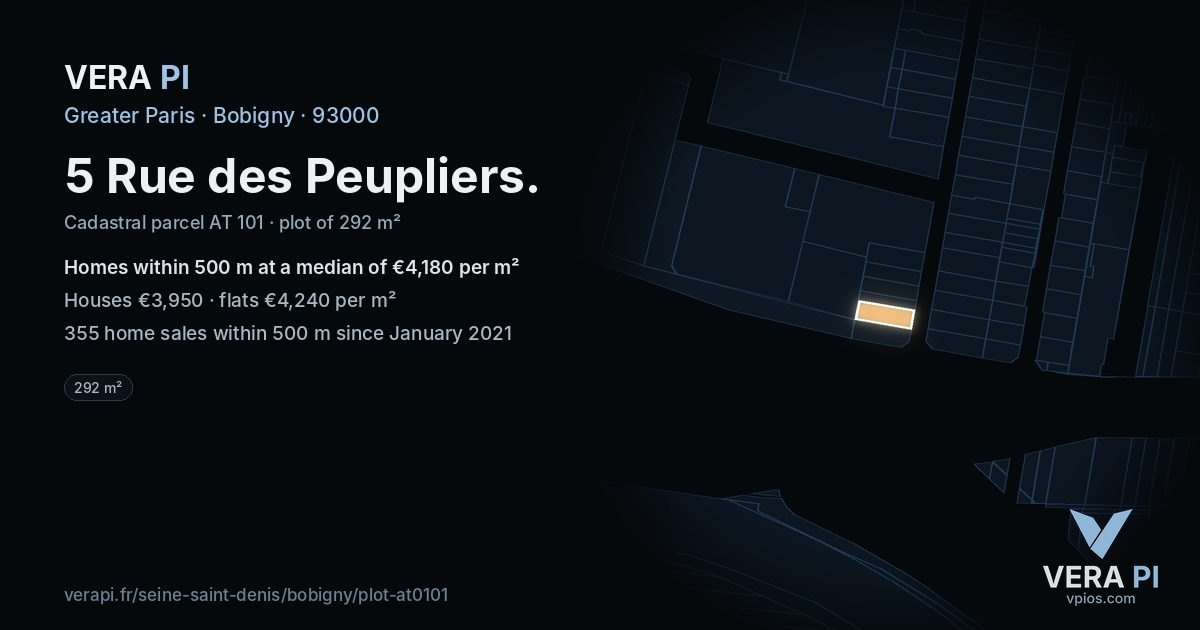 5 Rue des Peupliers, Bobigny at night – the plot lit, the parcels around coloured by the prices near them